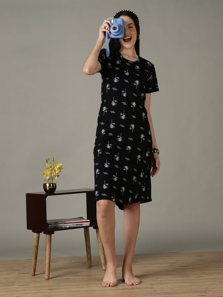 Black Floral Printed Cotton Short Nighty for Women Soft Fit