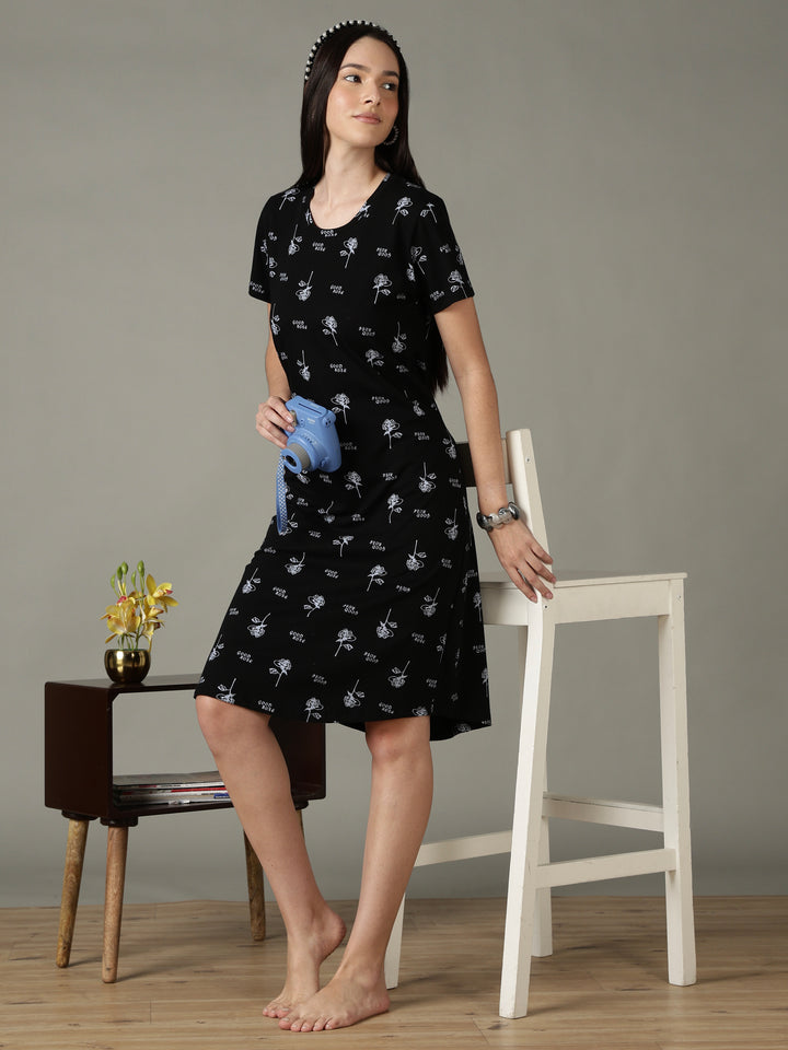 Black Floral Printed Cotton Short Nighty for Women Soft Fit