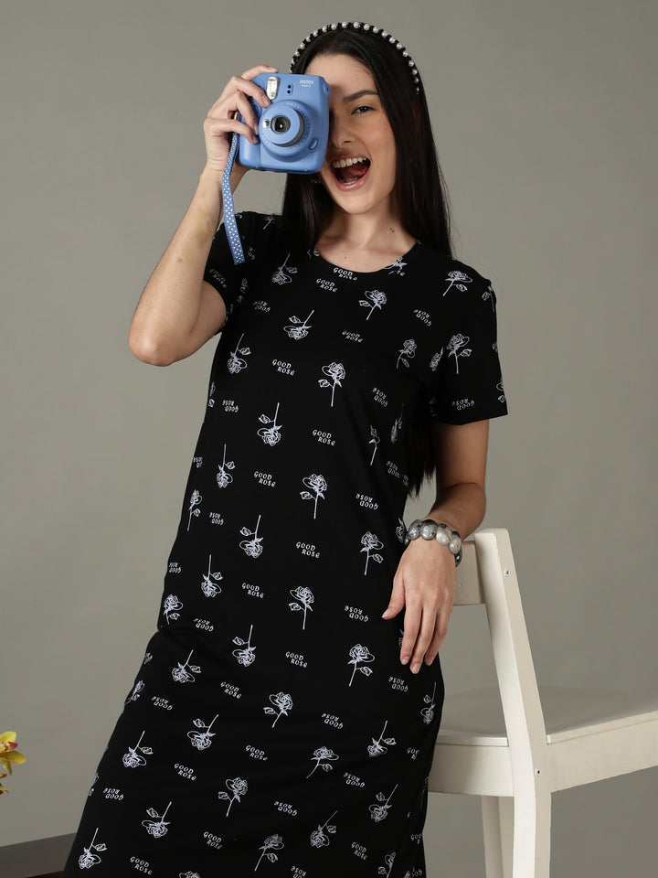 Black Floral Printed Cotton Short Nighty for Women Soft Fit