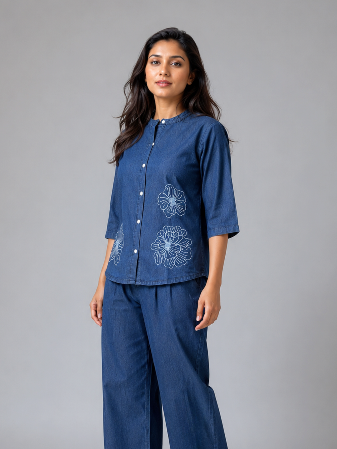 Denim Co Ord Set for Women with Floral Embroidery
