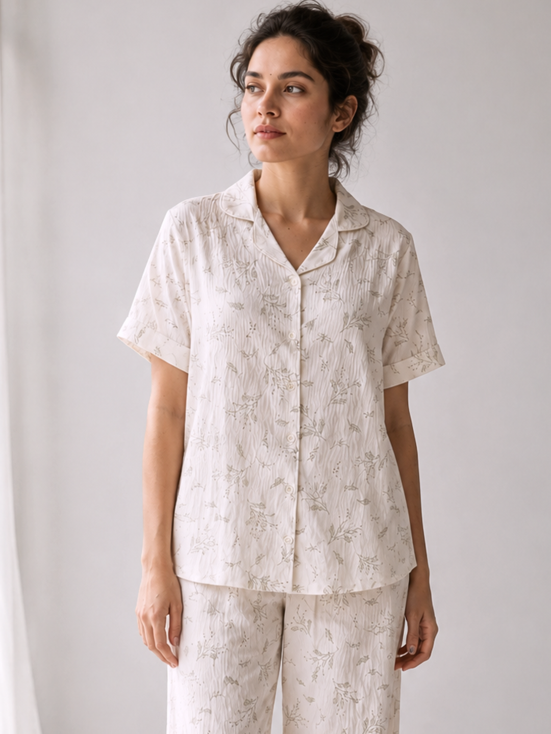 Peachy Dream Crush Fabric Botanical Sprig Print Korean Night Suit for Women