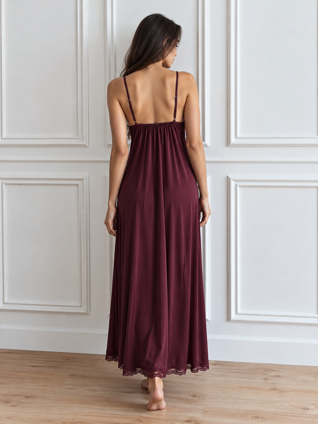Vintage Wine Malai Modal Slip Nightdress with Romantic Lace