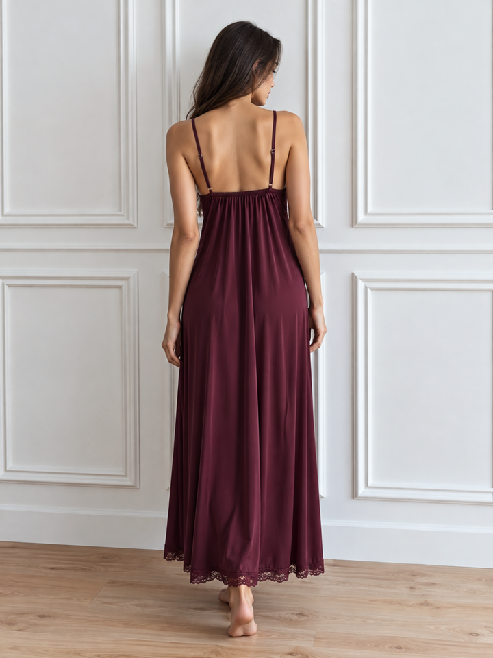 Vintage Wine Malai Modal Slip Nightdress with Romantic Lace