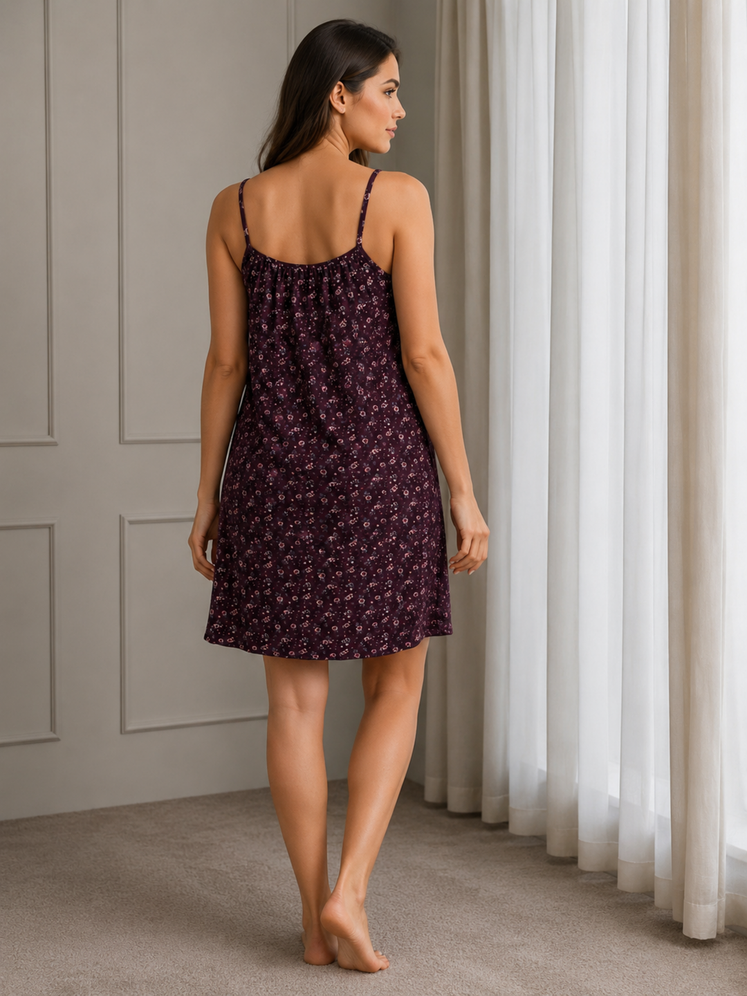 Wine Romance Floral Viscose Modal Babydoll Dress for Women