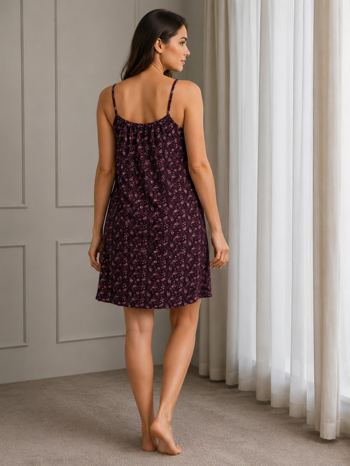 Wine Romance Floral Viscose Modal Babydoll Dress for Women