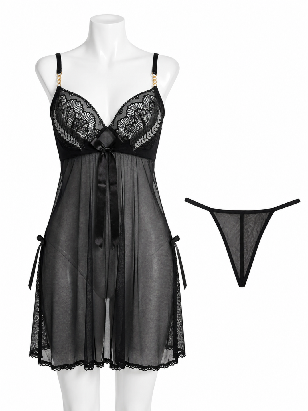 Black Powernet Babydoll Dress with Sheer Lace Back