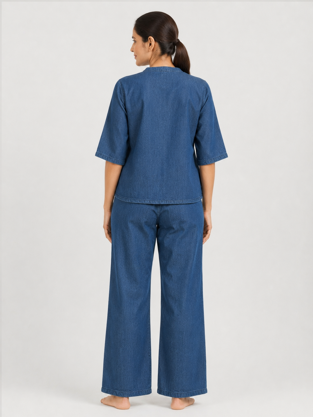 Light Blue Denim Co Ord Set for Women with Floral Embroidery