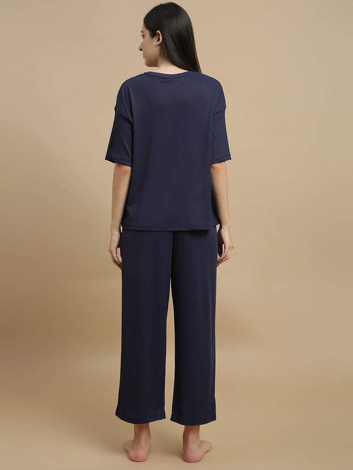 Blue Aura Solid Micro Rib Pyjama Set for Women