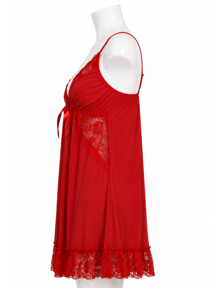 Red Crush Malai Modal Lace Babydoll Dress with Matching Thong for Women