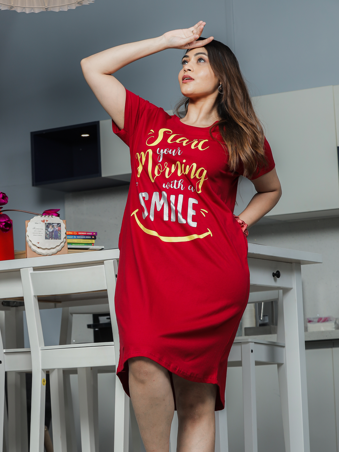 Soft High Quality Cotton Ruby Red Printed Short Nighty for Women