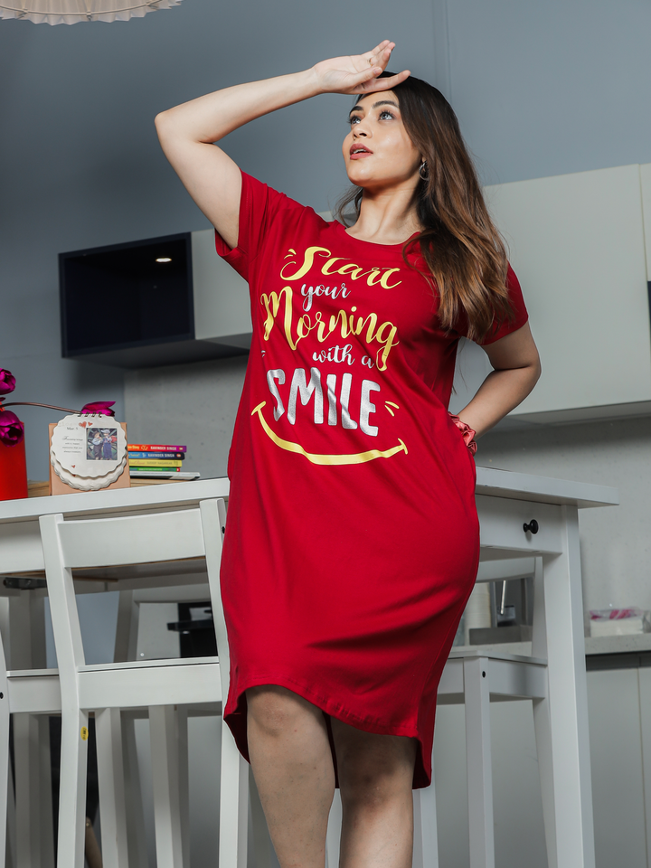 Soft High Quality Cotton Ruby Red Printed Short Nighty for Women