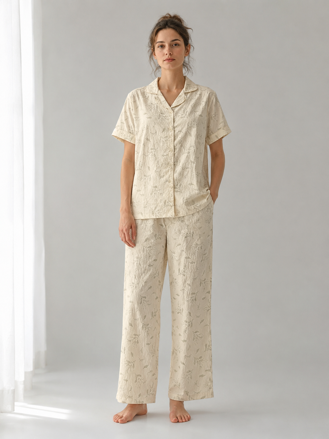 Buttercream Crush Fabric Botanical Sprig Print Korean Night Suit for Women