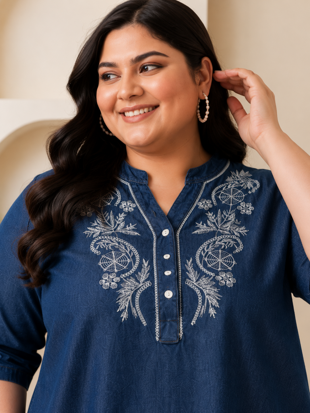 Light Blue Denim Wash Cotton Co Ord Set for Women with Embroidery