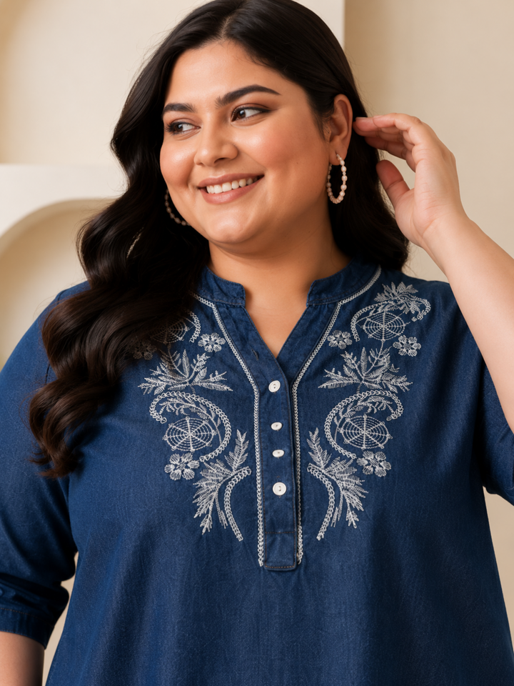 Light Blue Denim Wash Cotton Co Ord Set for Women with Embroidery