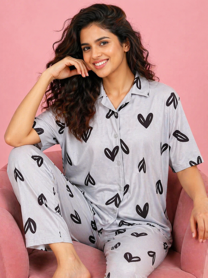 Snowy Heart Soft-Stretch Dreamy Button down Loungewear And Night Suit Set