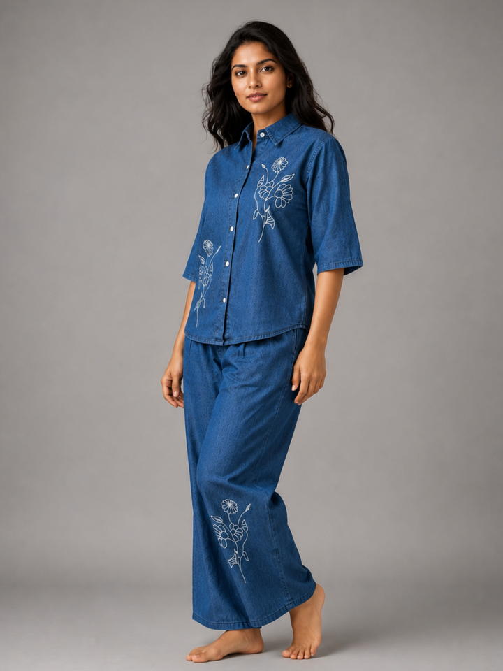 Light Blue Denim Co Ord Set for Women with Floral Embroidery