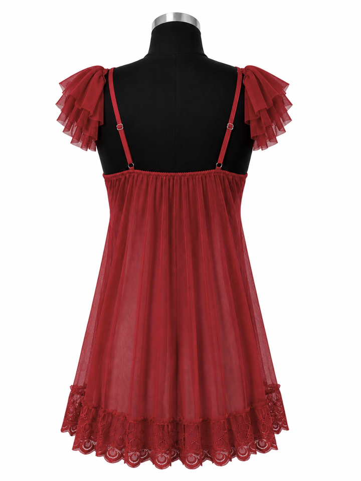 Berry Rouge Power Net Babydoll Dress for Women Elegant Sleepwear