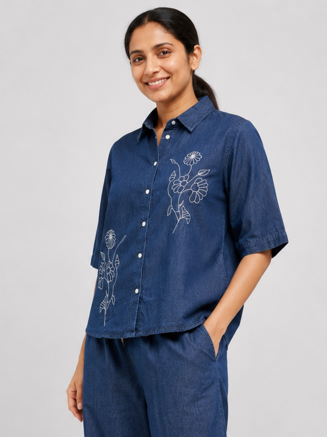 Light Blue Denim Co Ord Set for Women with Floral Design