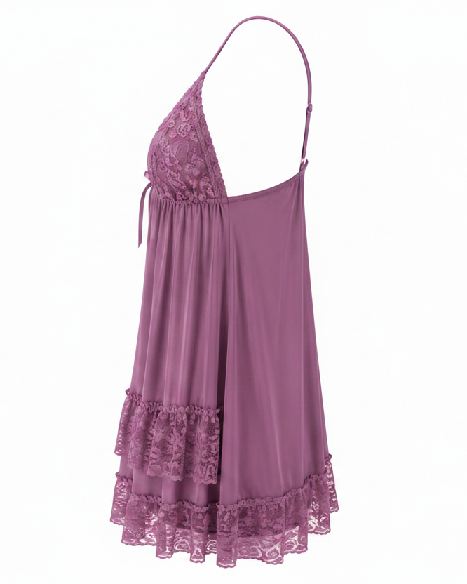 Orchid Mist Malai Modal Babydoll Dress Deep V Lace A Line