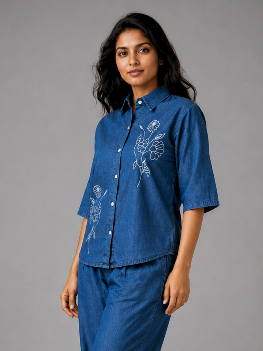 Dark Blue Denim Co Ord Set for Women with Floral Embroidery