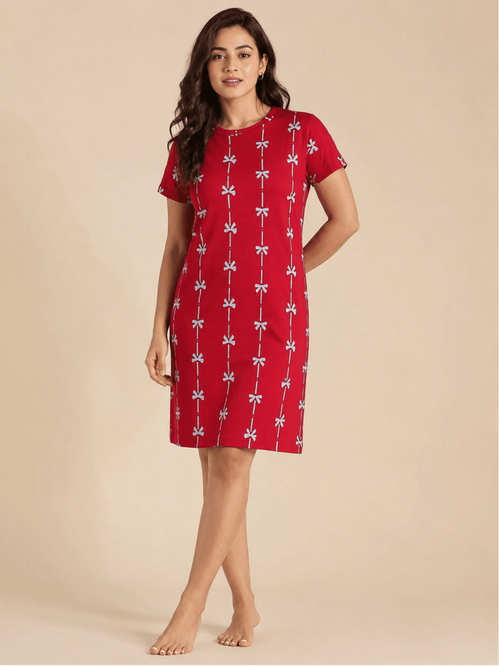Red Ribbon Print Cotton Short Nightdress for Women with Pocket