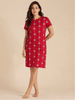 Ribbon Red Cotton Short Nightdress for Women with Pocket