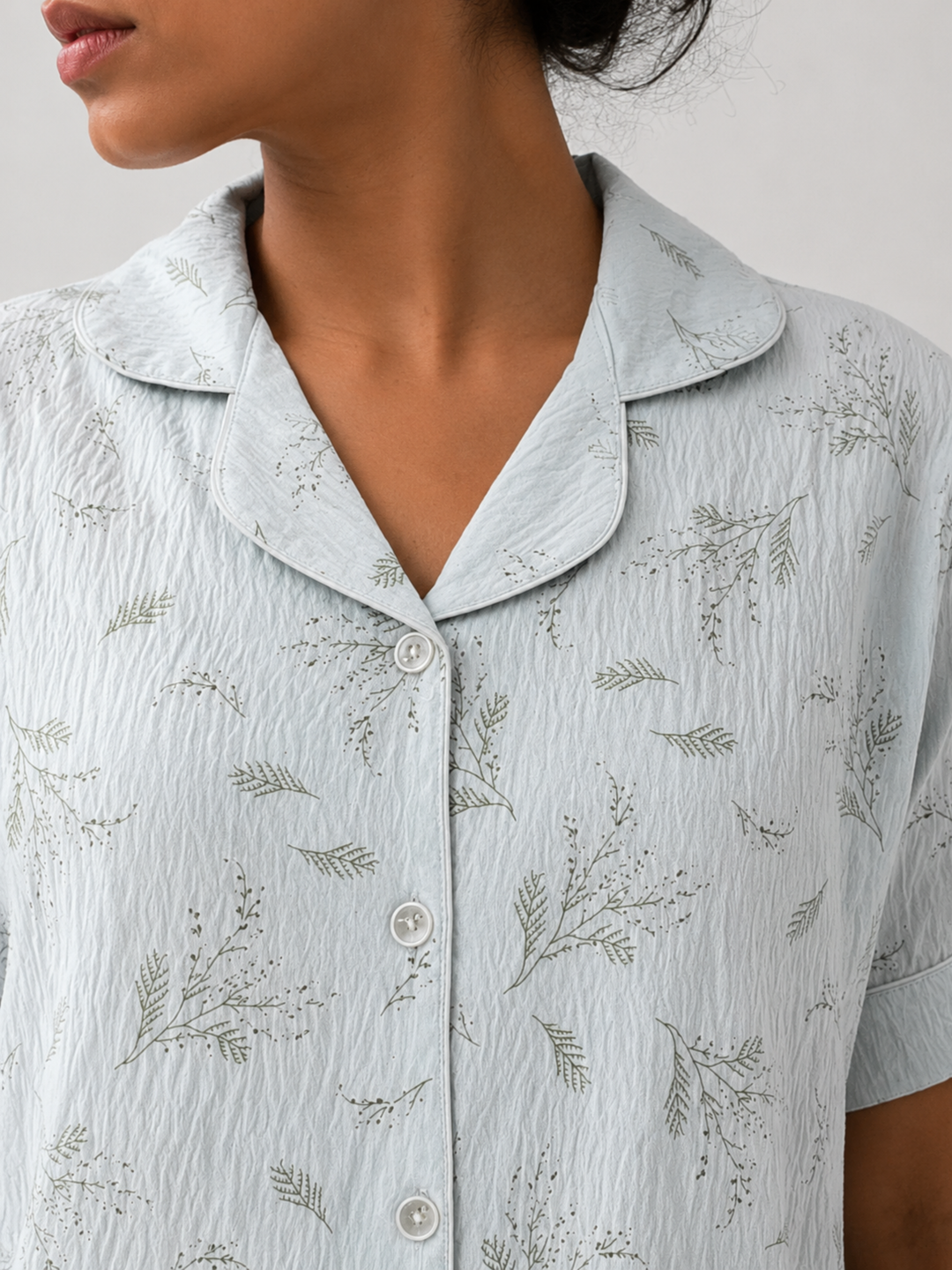 Pastel Blue Crush Fabric Botanical Sprig Print Korean Night Suit for Women