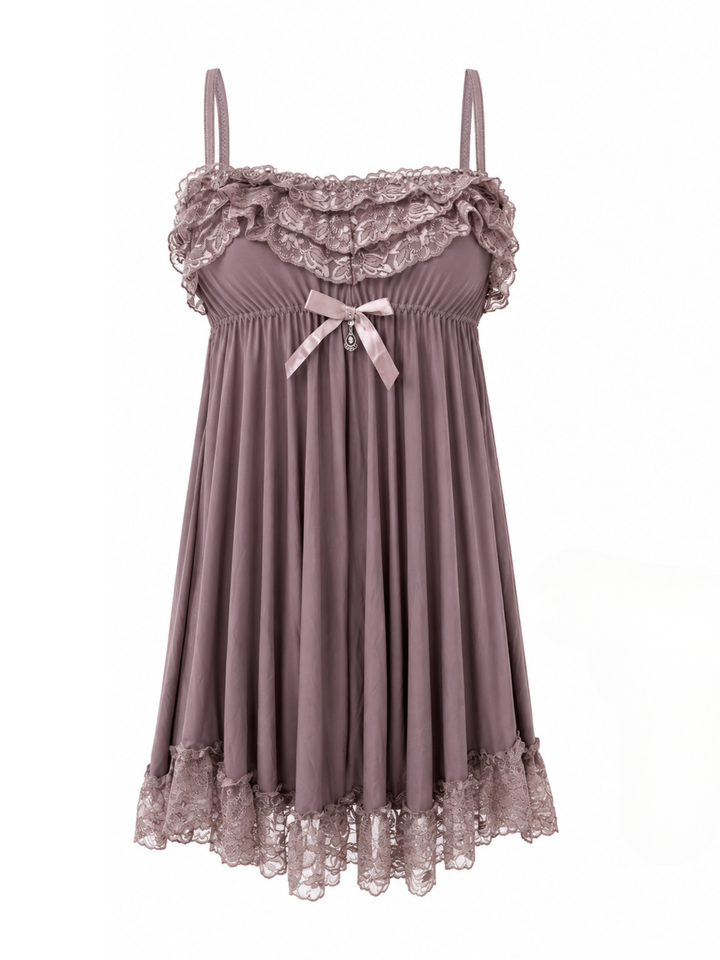 Dusty Taupe Babydoll Dress Soft Lace A Line Bridal Nightwear