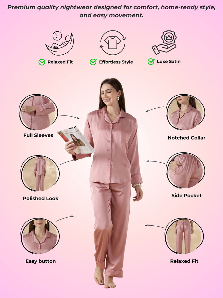 Modern style strawberry pink long sleeve pyjama sets satin