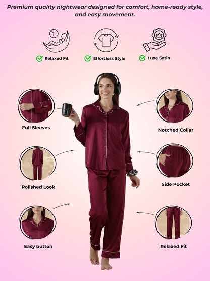 Royal Maroon Satin Long Sleeve Loungewear Set with Rich Finish