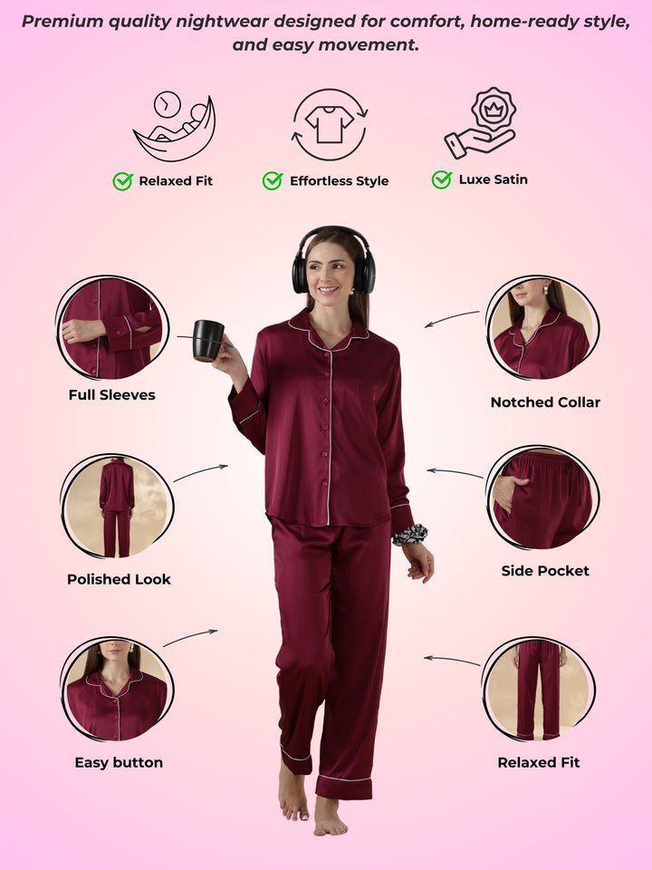 Royal Maroon Satin Long Sleeve Loungewear Set with Rich Finish