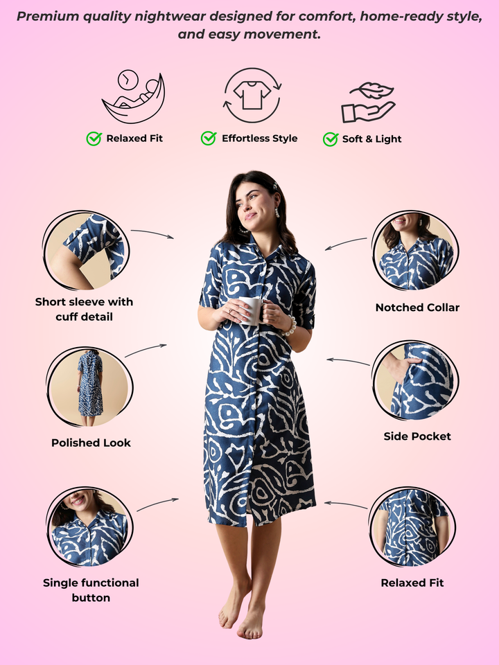 Indigo Doodles Aesthetic PolyBlend Nighty for Teen Girls