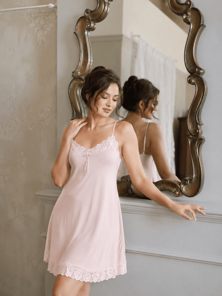 Nude Blush Malai Modal Babydoll Nightdress with Floral Lace