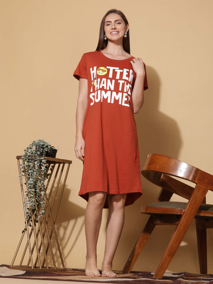 Relaxed Fit Orange Cotton Short Nighty Dress for Women