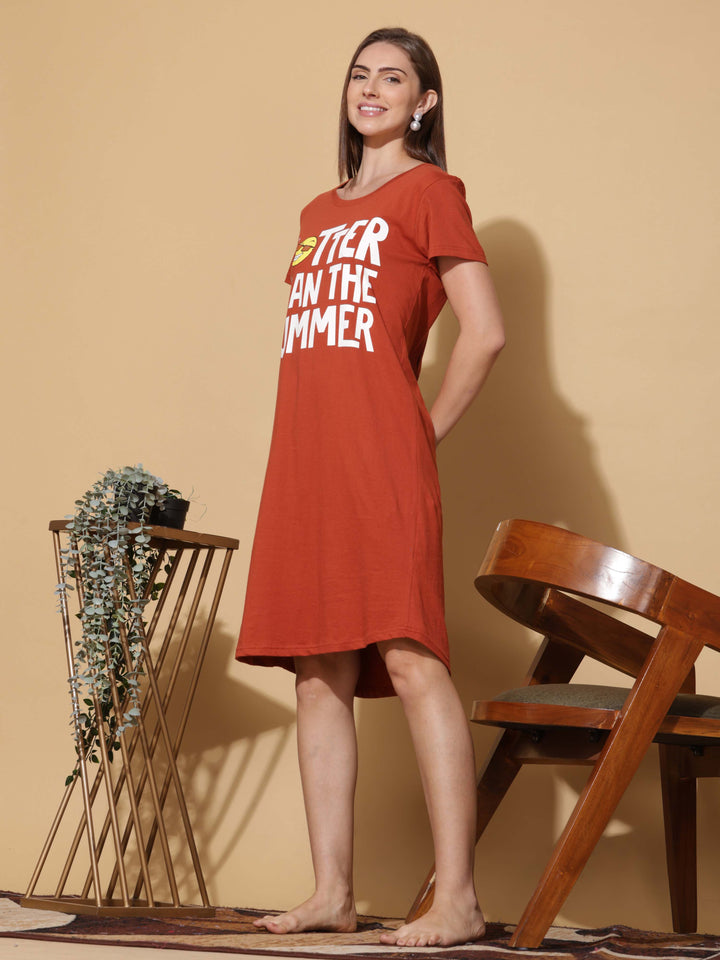 Relaxed Fit Orange Cotton Short Nighty Dress for Women