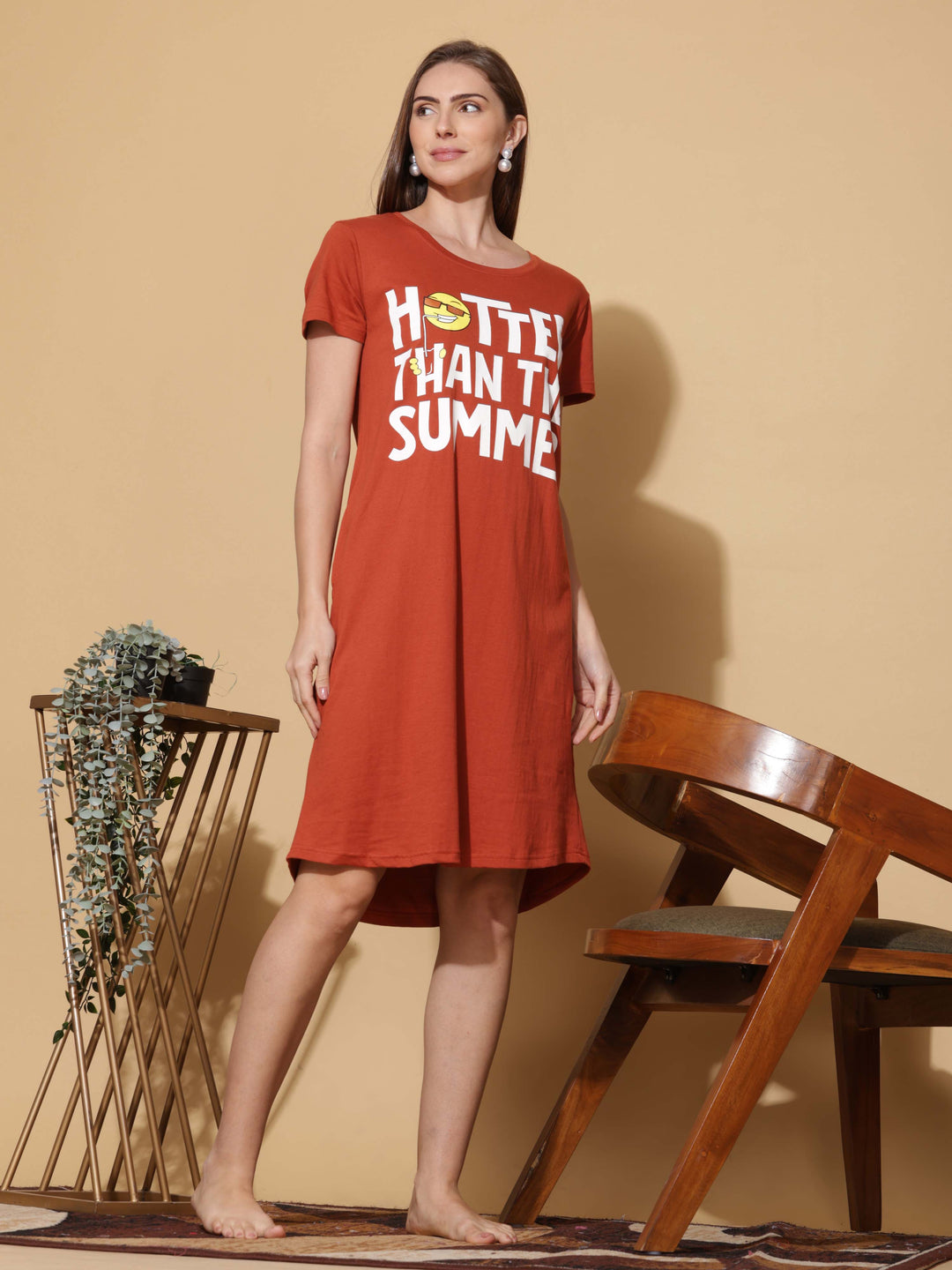 Relaxed Fit Orange Cotton Short Nighty Dress for Women
