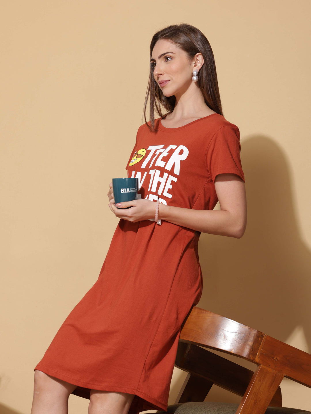 Relaxed Fit Orange Cotton Short Nighty Dress for Women