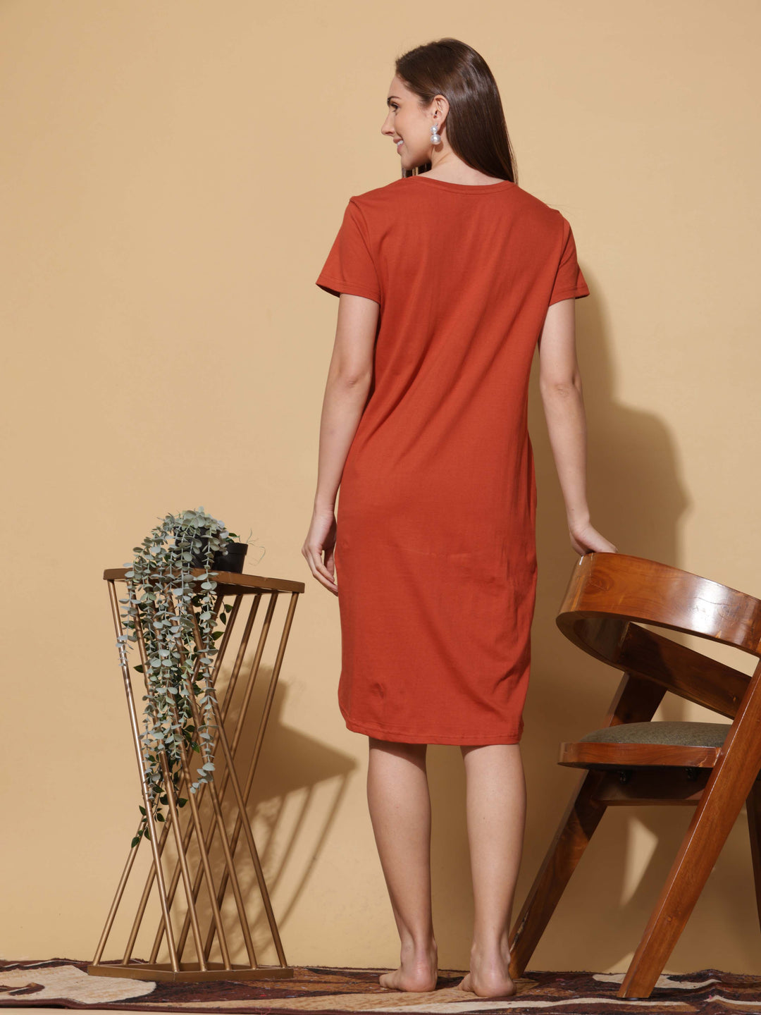 Relaxed Fit Orange Cotton Short Nighty Dress for Women