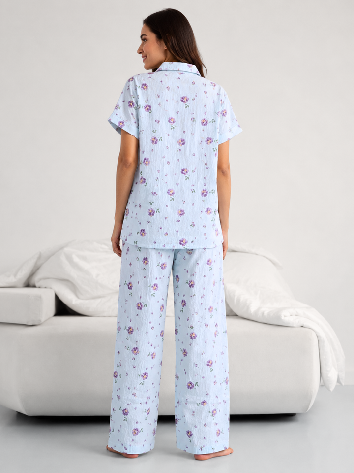 Blue Meadow Crush Cotton Floral Korean Night Suit for Women