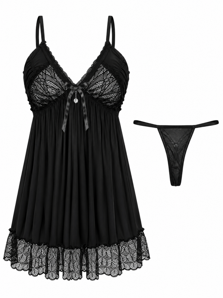 Bella Noir Black Malai Modal Lace Babydoll Dress