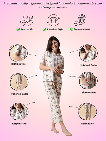 Creamy Teddy Soft Lycra Cute Loungewear And Pajama Set