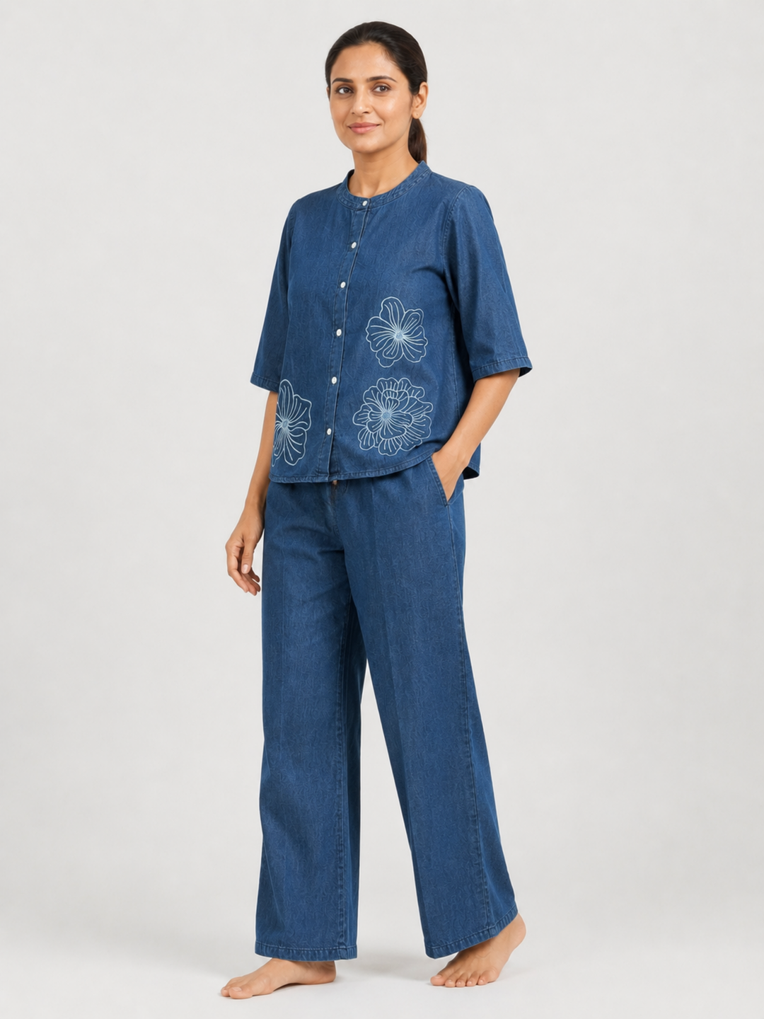 Light Blue Denim Co Ord Set for Women with Floral Embroidery