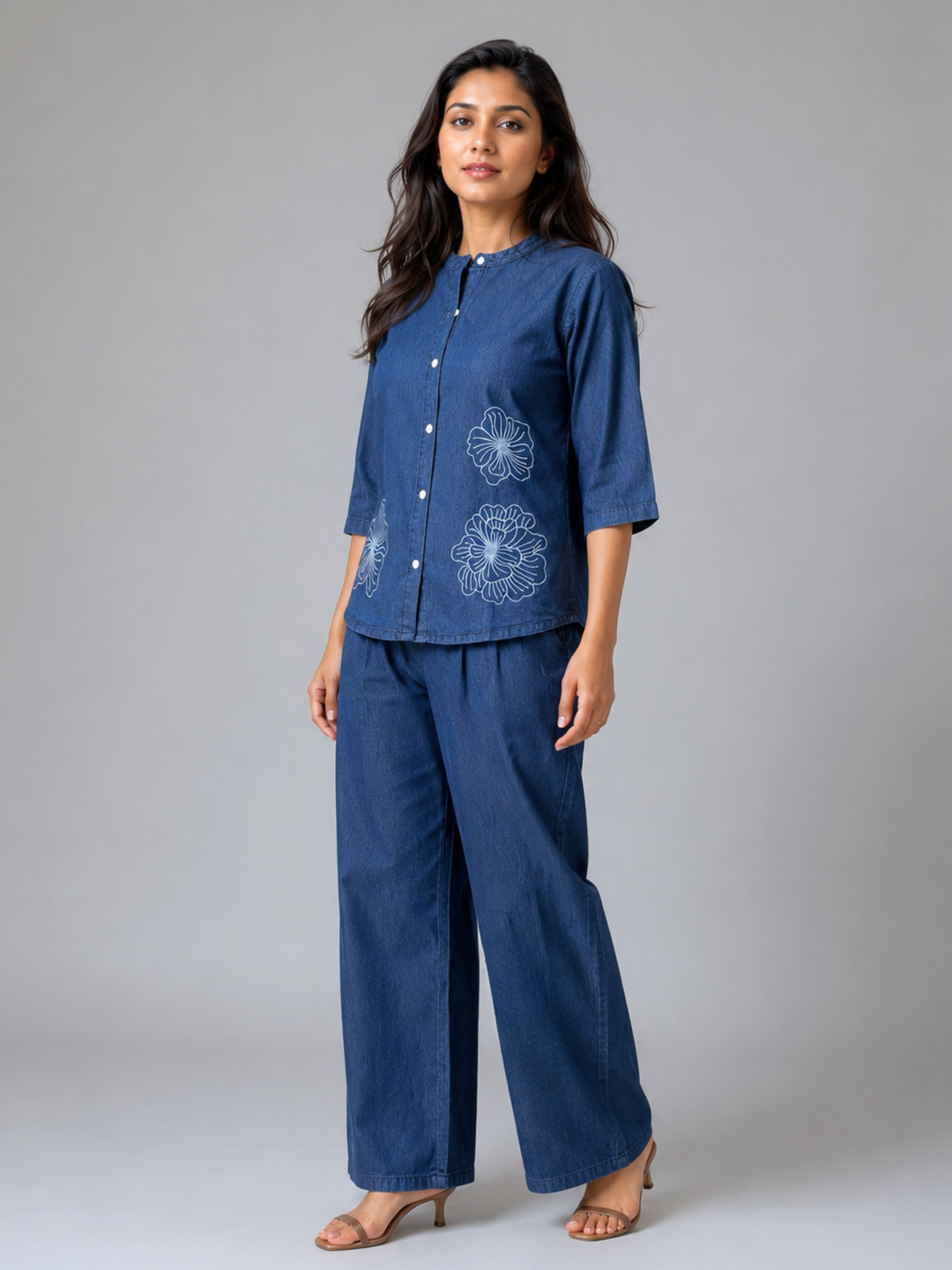 Denim Co Ord Set for Women with Floral Embroidery