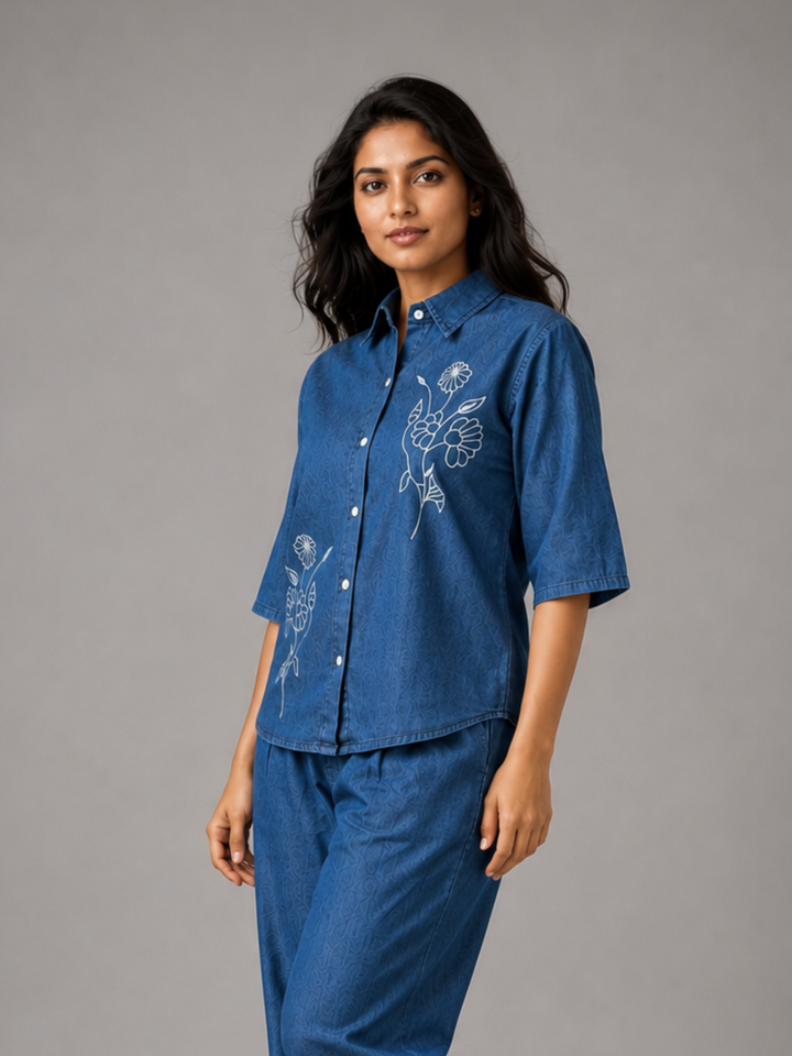 Light Blue Denim Co Ord Set for Women with Floral Embroidery