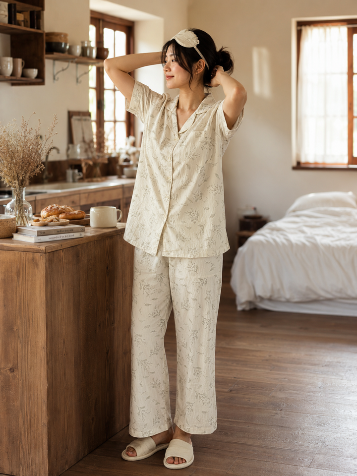 Buttercream Crush Fabric Botanical Sprig Print Korean Night Suit for Women