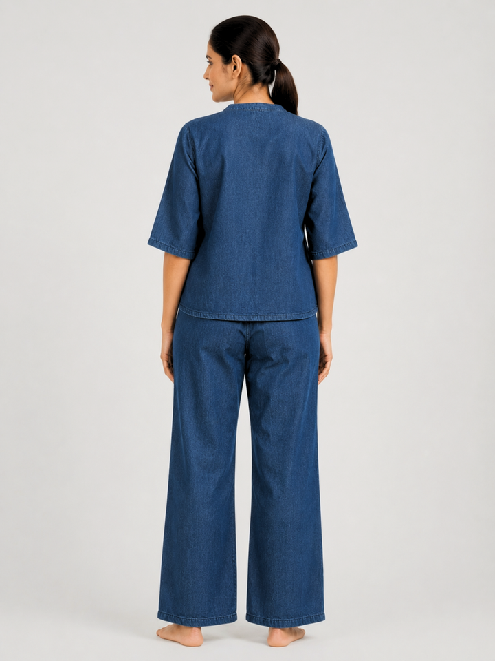 Denim Co Ord Set for Women with Floral Embroidery