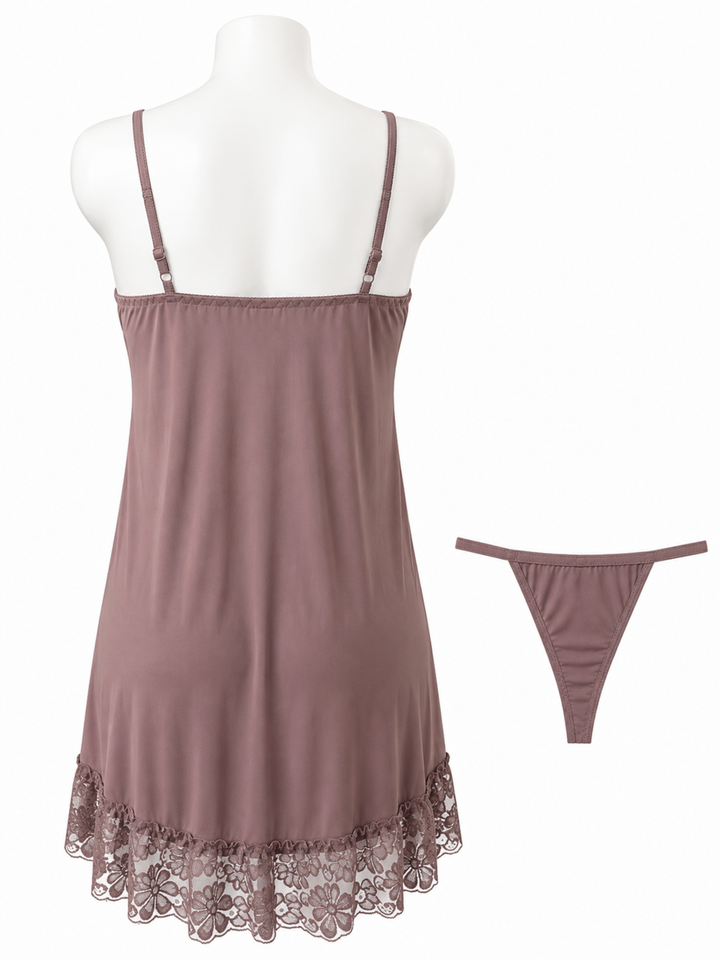 Champagne Nude Malai Modal Babydoll Dress Lace V Neck Elegant Fit