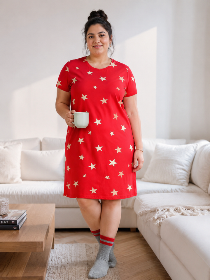 Red Star Printed Cotton Short Nighty for Women Comfortable Fit