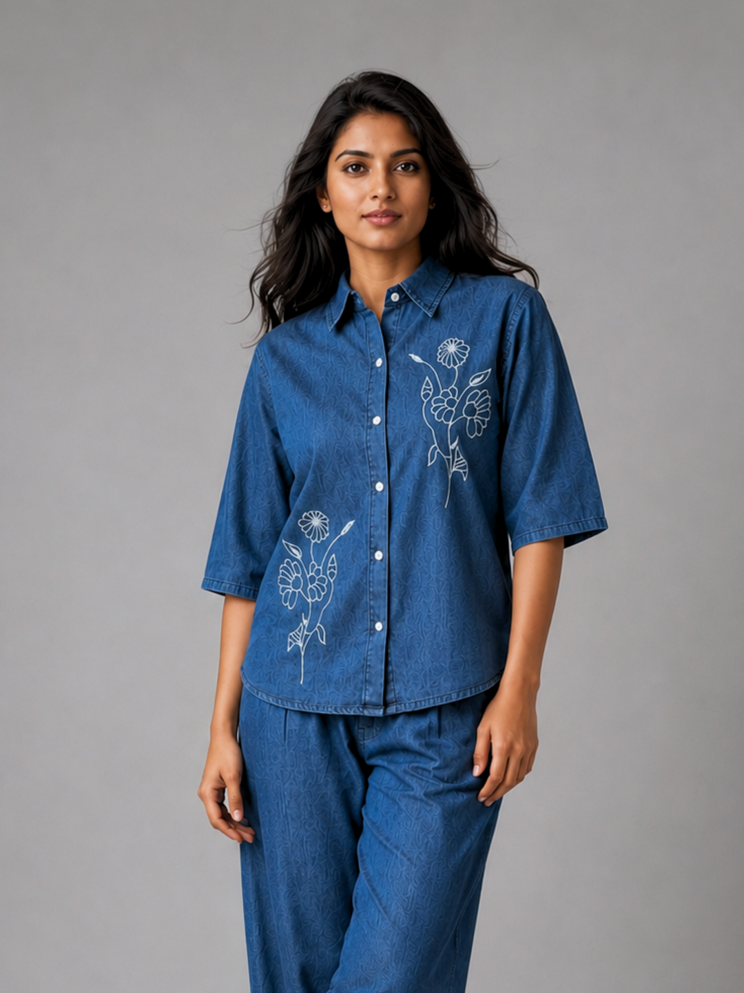 Dark Blue Denim Co Ord Set for Women with Floral Embroidery
