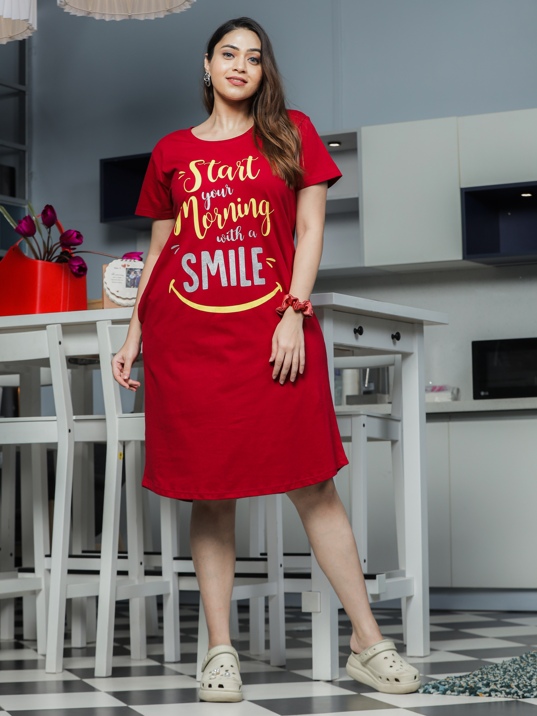 Soft High Quality Cotton Ruby Red Printed Short Nighty for Women